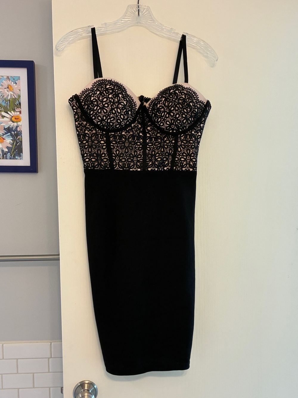 Entry Blush Pink and Black Corset Top Lace Bodycon Mini Dress